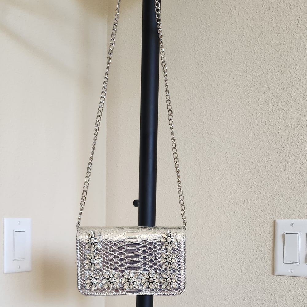 Stunning Boutique hard shelled silver purse with glass flowered design.